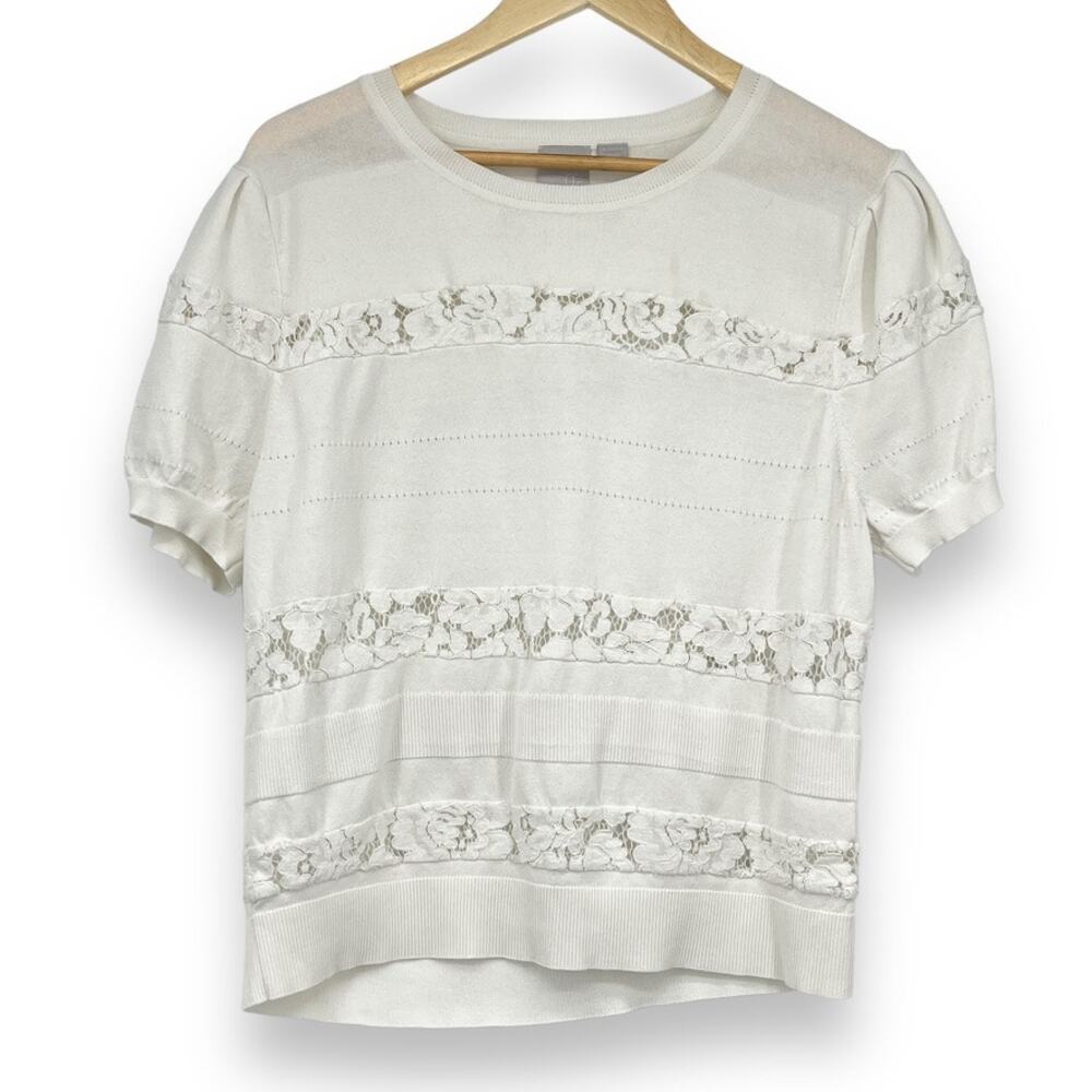 Zero Degree Celsius Lace‎ Blouse Women's L White Puff Sleeve Cotton Top